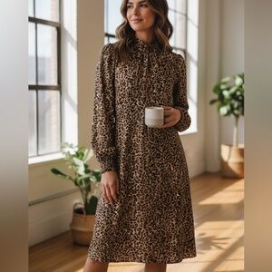 Cmoi Animal Print Long Sleeve Dress Size Medium Leopard Modest Shift Long Sleeve